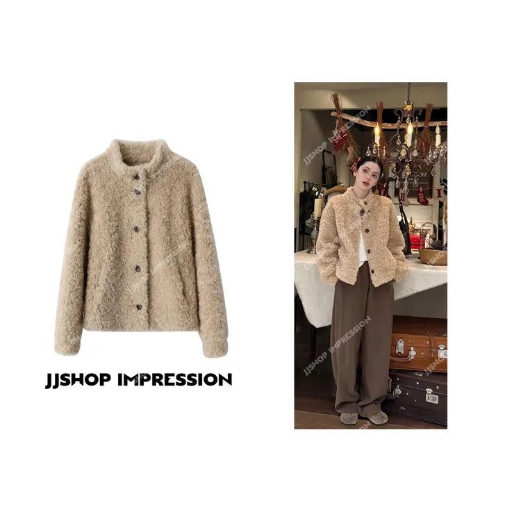 【泰迪】JJSHOP冬季保暖加厚宽松百搭短款羊剪绒羊毛毛绒大衣外套