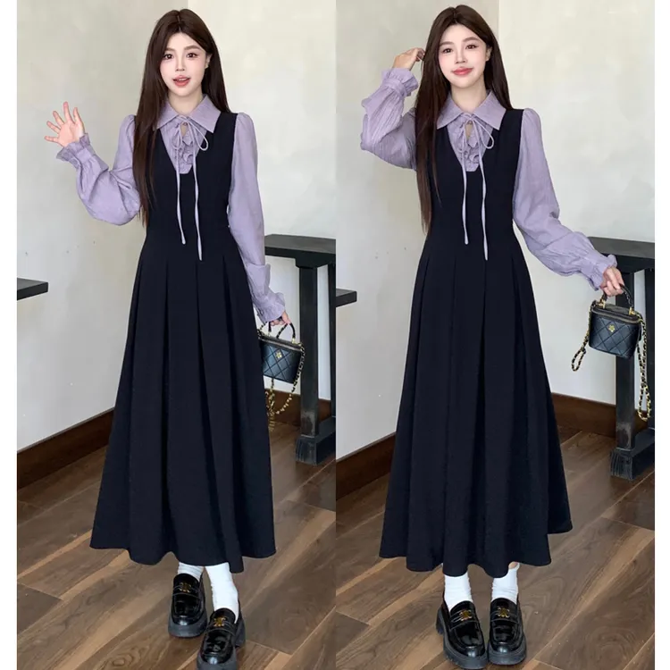 大码胖mm秋季新款法式黑色巨好看polo领连衣裙女假两件长袖裙子
