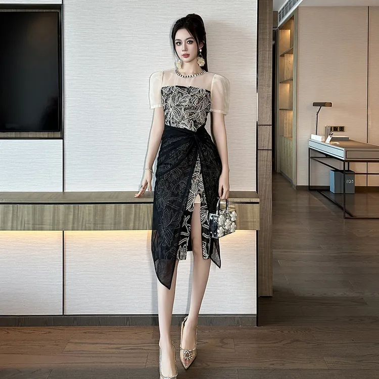 不褪色中腰修身拼接夏天连衣裙法式轻奢名媛气质宴会晚礼服51280