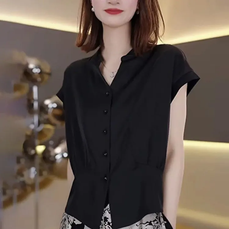 时尚v领短袖T恤女2025新款气质小衫洋气显瘦休闲百搭夏季韩版宽松