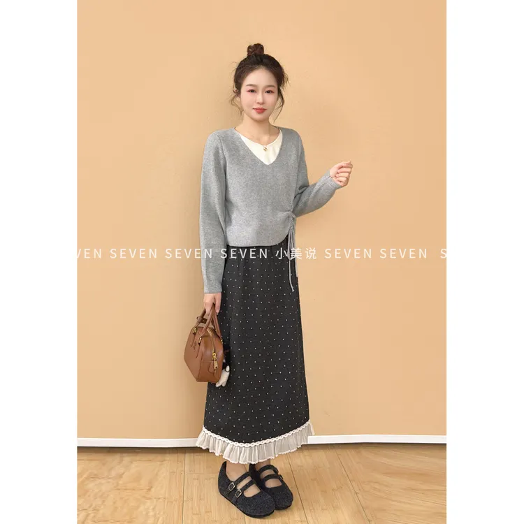 ⑦七七146小个子假两件针织衫新款撞色V领宽松款套头上衣小美说
