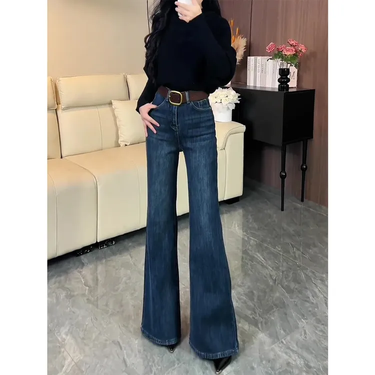 加绒不贴腿微喇牛仔裤女秋冬季2025新款小个子高腰阔腿宽松喇叭裤