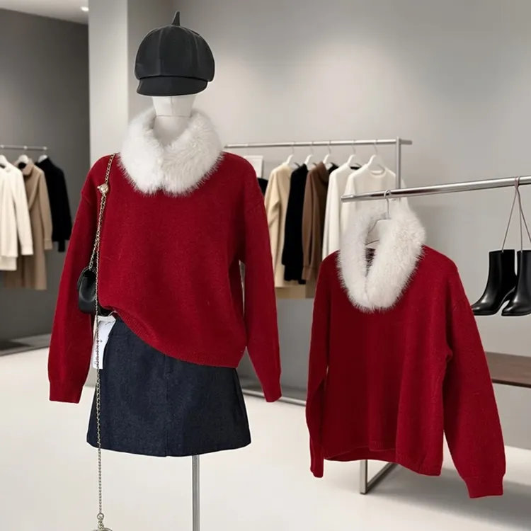 新年氛围感红色毛衣女秋冬新款韩系百搭毛领时尚气质针织衫上衣