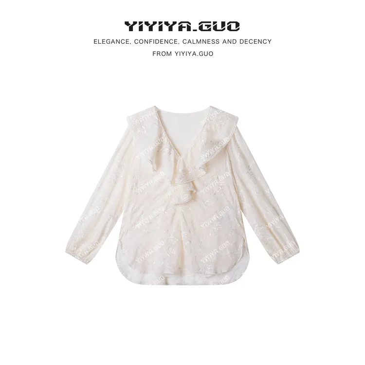 yiyiya.Guo艺艺吖【蕾丝白茶】早春新款法式蕾丝衬衫上衣110141SS52