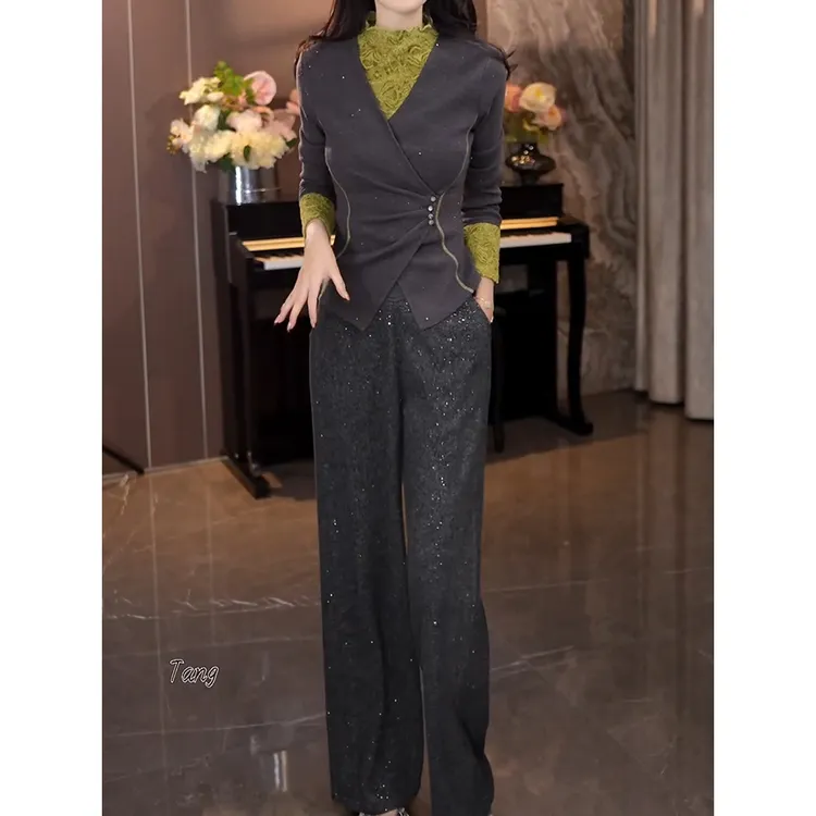 轻奢名媛时尚套装2026春季新通勤百搭蕾丝撞色拼接显瘦上衣休闲裤