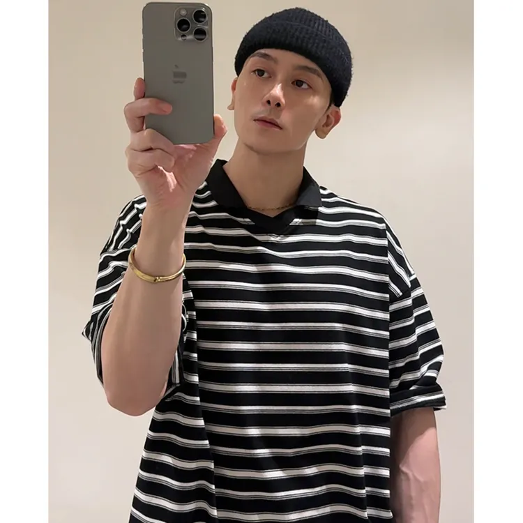 MBH|拼接美式鸡心翻领休闲夏季短袖条纹T恤polo翻领日系休闲风TEE