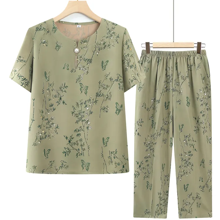 中老年女装夏季短袖套装大码妈妈装休闲套头宽松上衣老年人两件套