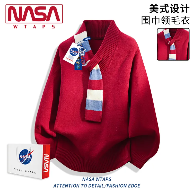 NASA WTAPS设计感红色围巾领毛衣男款秋冬季潮V领保暖针织衫上衣