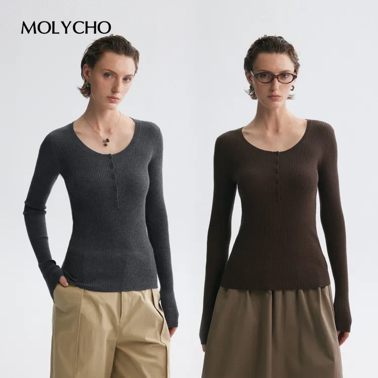 MOLYCHO｜时髦佰搭/精致亨利大u领针织衫女/美拉德修身打底衫上衣
