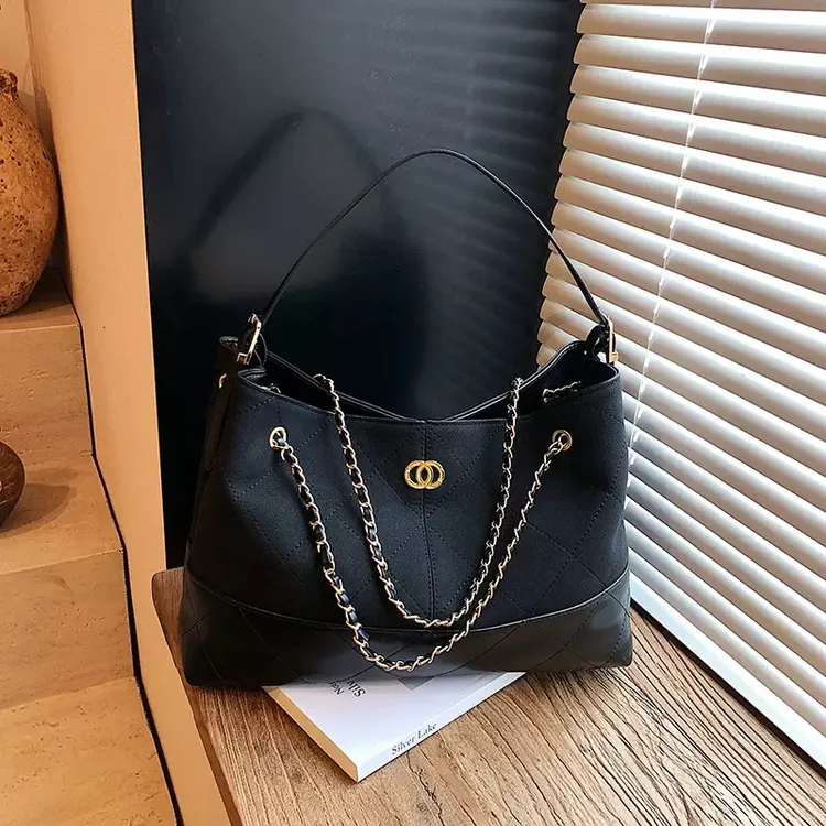 手提款菱格链条包黑色法式斜挎包简约单肩托特包复古