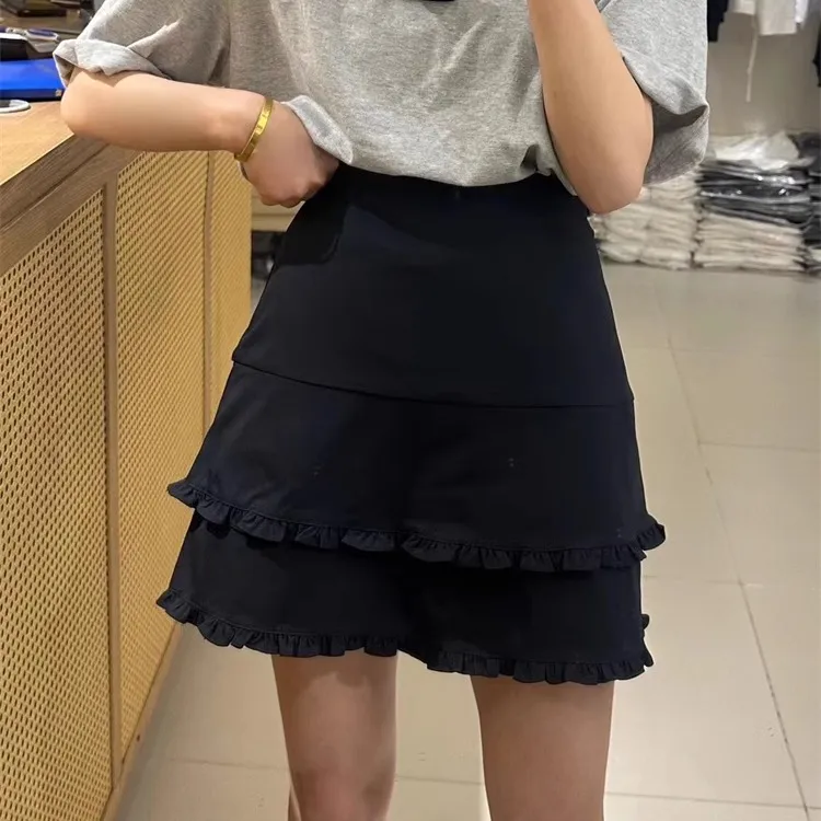 2025夏季新款双层木耳边A字裙高腰显瘦防走光半身裙短裙百搭68015