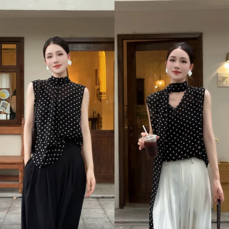 【前后两穿~ 面料升级】 法式高级感飘带无袖衬衫夏季波点雪纺上衣
