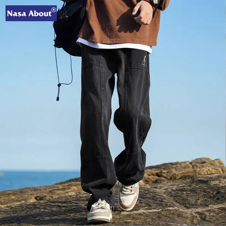 NASA复古黑色牛仔裤子男款2025宽松新款直筒裤美式休闲阔腿长裤男