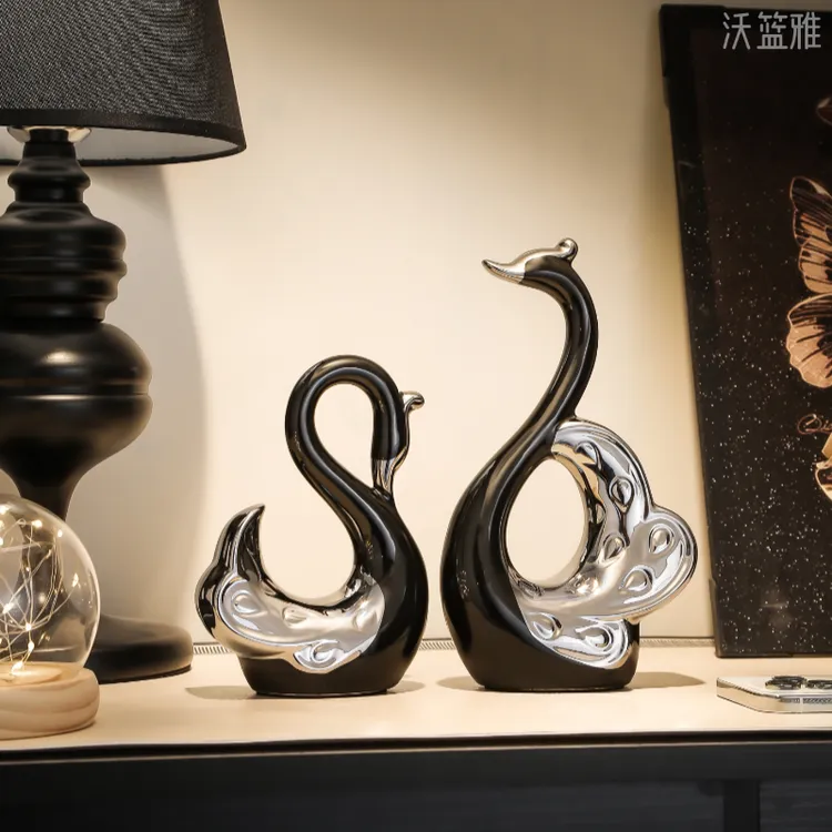 意式极简黑白天鹅一对酒柜装饰品寓意好的摆件轻奢高档软装高级感
