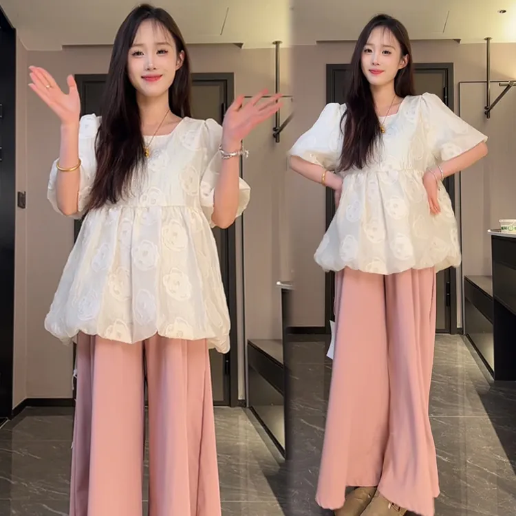 孕妇阔腿裤九分裤大码孕妇装套装新款小个子显瘦垂感宽松大摆裙裤