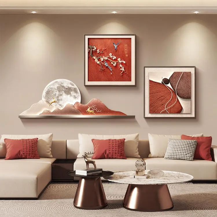 喜上枝头客厅装饰画高级感沙发背景墙挂画新中式餐厅三联壁画