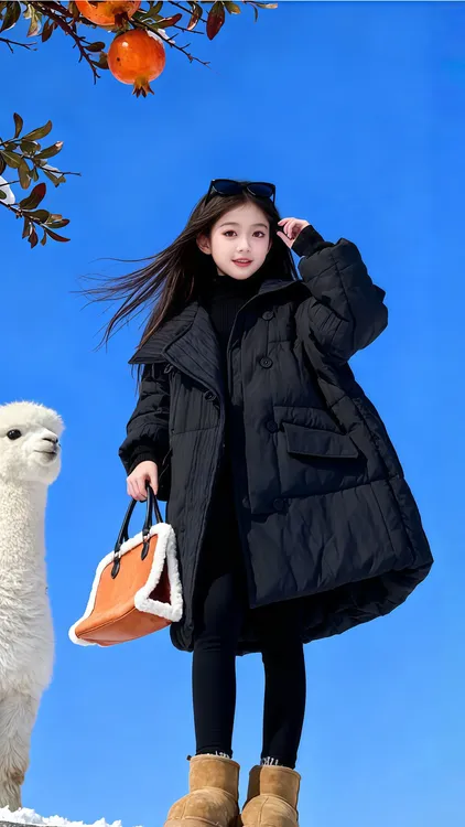 女童外套冬装2025新款韩版时尚中长款褶皱棉衣加绒铅笔裤打底毛衣