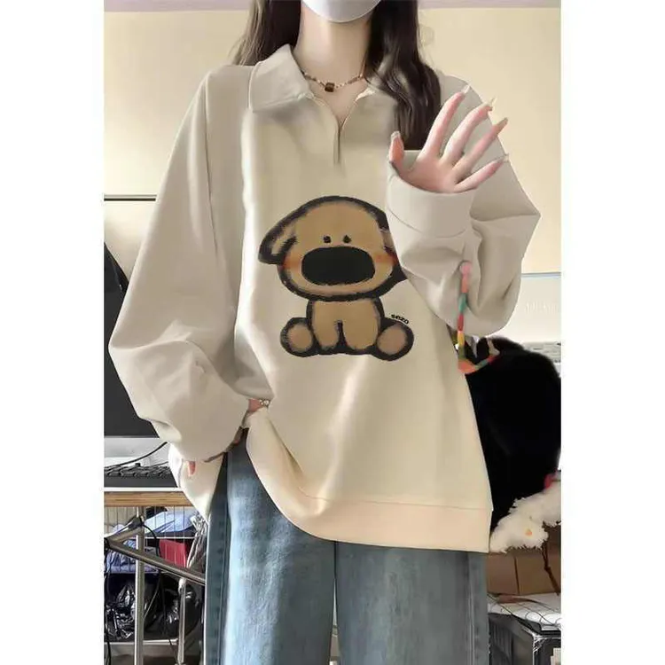 韩系趣味小狗印花加绒加厚Polo领卫衣女秋冬季宽松半拉链长袖上衣
