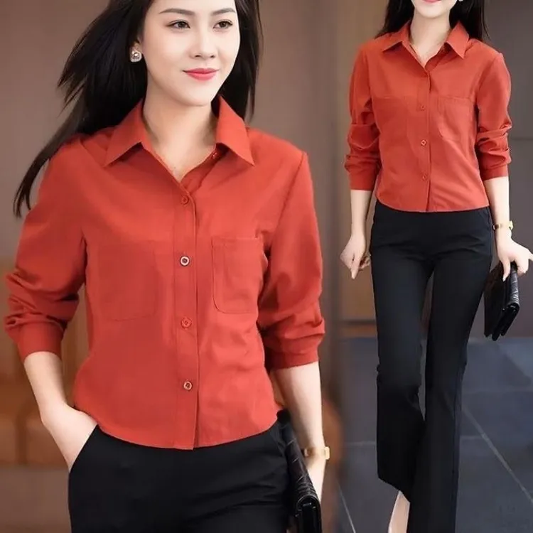 复古港味大码长袖衬衫女2025早秋新款宽松显瘦polo领减龄遮肉气质