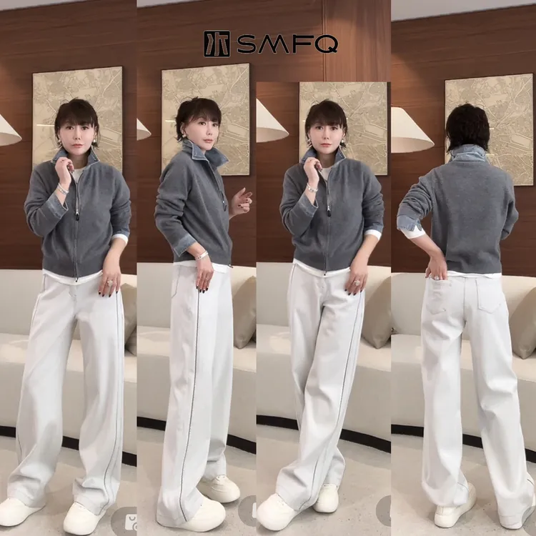 水木夫妻”质感雪松灰”德绒四面弹 吸湿发热撞色牛仔裤直筒裤女