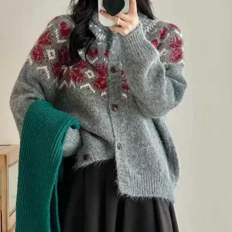 dyxz065韩版花朵保暖针织开衫女2025秋季宽松复古慵懒风毛衣外套