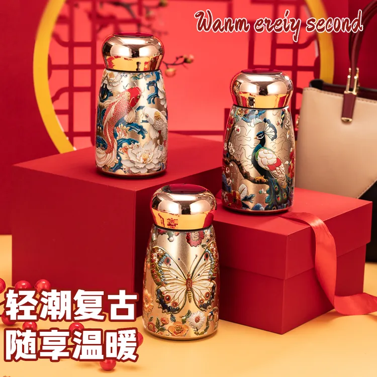 手绘国风迷你显温316不锈钢加厚保温杯女士专用高颜值泡茶水杯子