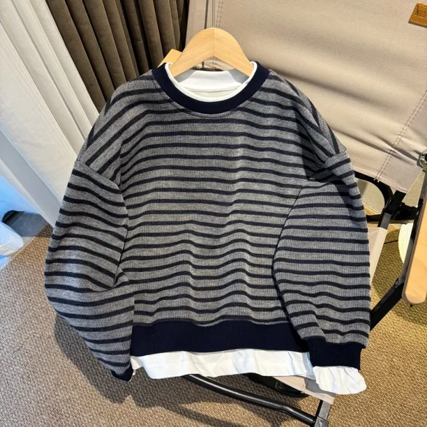 【加绒】男童秋冬加绒圆领卫衣经典条纹拼接假两件打底套头一体绒