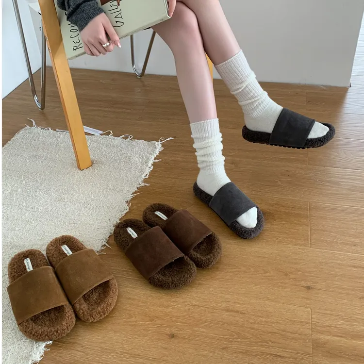 BS-H995-1复古毛毛鞋女外穿秋冬新款风休闲羊羔毛一字带棉拖鞋