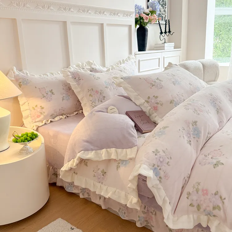 秋冬法式牛奶绒加厚四件套双层花边牛奶绒三件套四件套保暖防静电