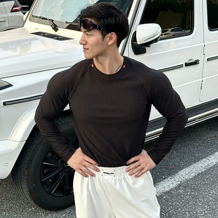 无缝提花高弹泡泡布运动长袖插肩袖透气秋季T恤上衣圆领长训练t恤