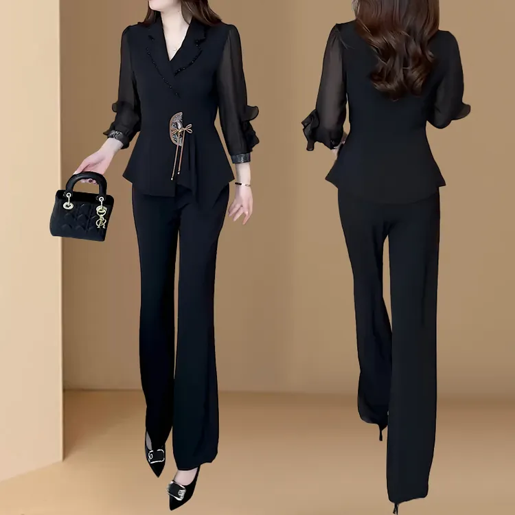 新中式时尚套装女春秋新款气质收腰显瘦国风盘扣上衣微喇裤两件套