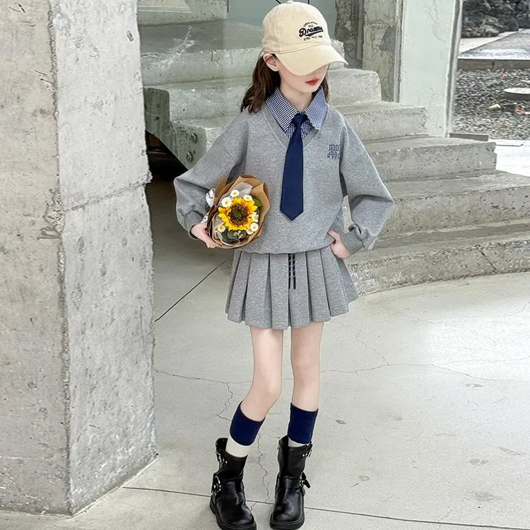 女童学院风卫衣套装裙秋装2025年新款时尚洋派中大童女孩jk百褶裙