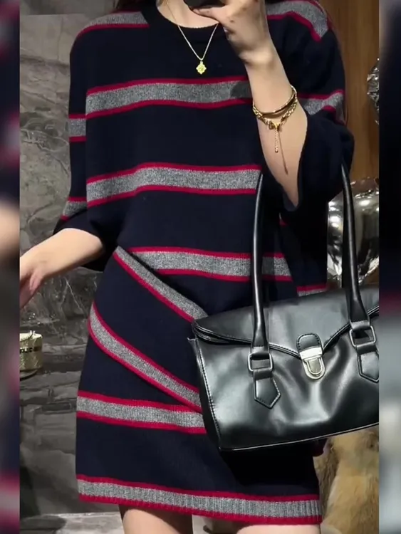 早秋2025新款显白条纹中长款针织毛衣穿搭包臀短裙减龄两件套装女