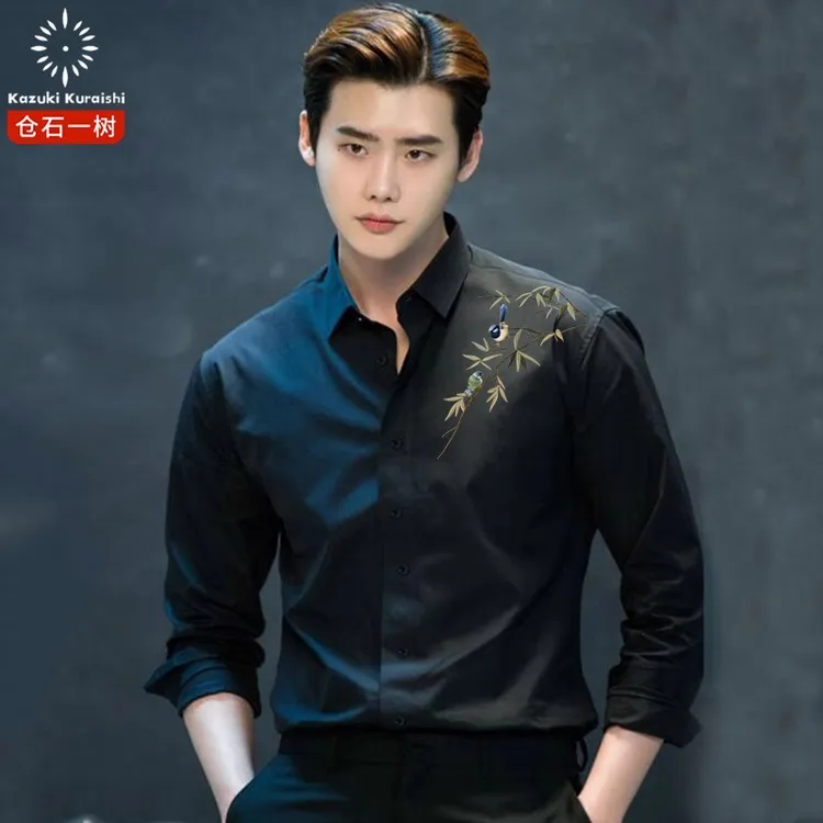 仓石一树潮牌休闲长袖衬衫男2025秋季新款中国风竹子印花潮流衬衣