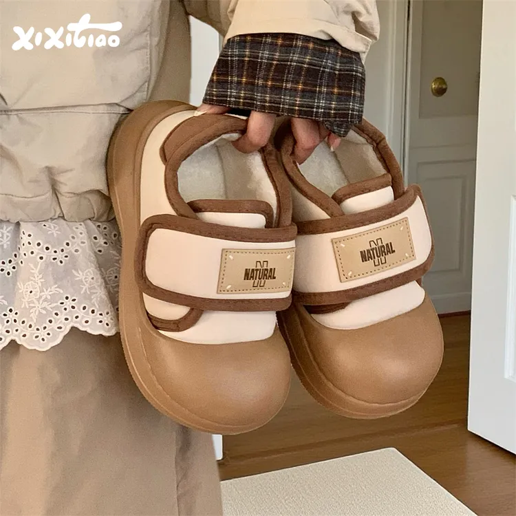 细细条 圆头可爱魔术贴面包棉鞋女冬外穿百搭防滑加绒厚底板鞋ins