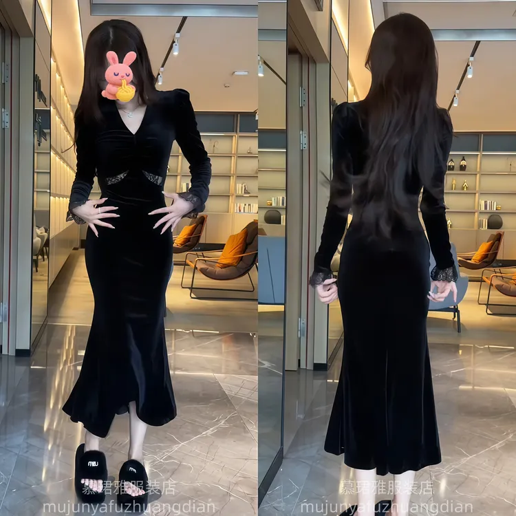 法式气质v领蕾丝拼接丝绒连衣裙女春秋高级感收腰显瘦鱼尾长裙子
