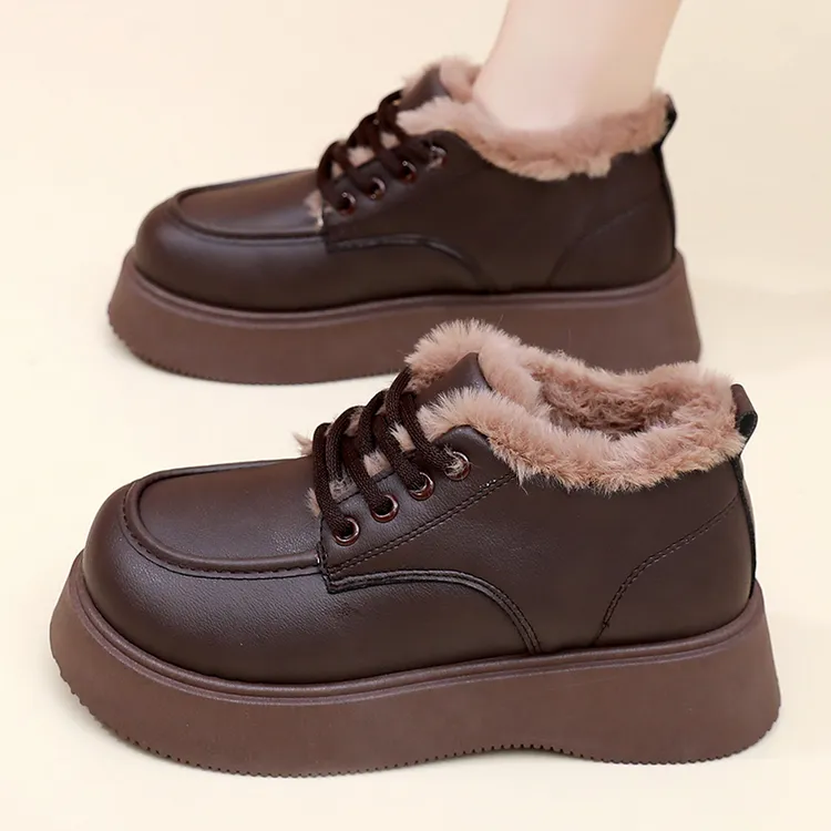 厚底乐福鞋女2025新款秋冬外穿保暖加绒棉靴增高毛毛黑色雪地靴女