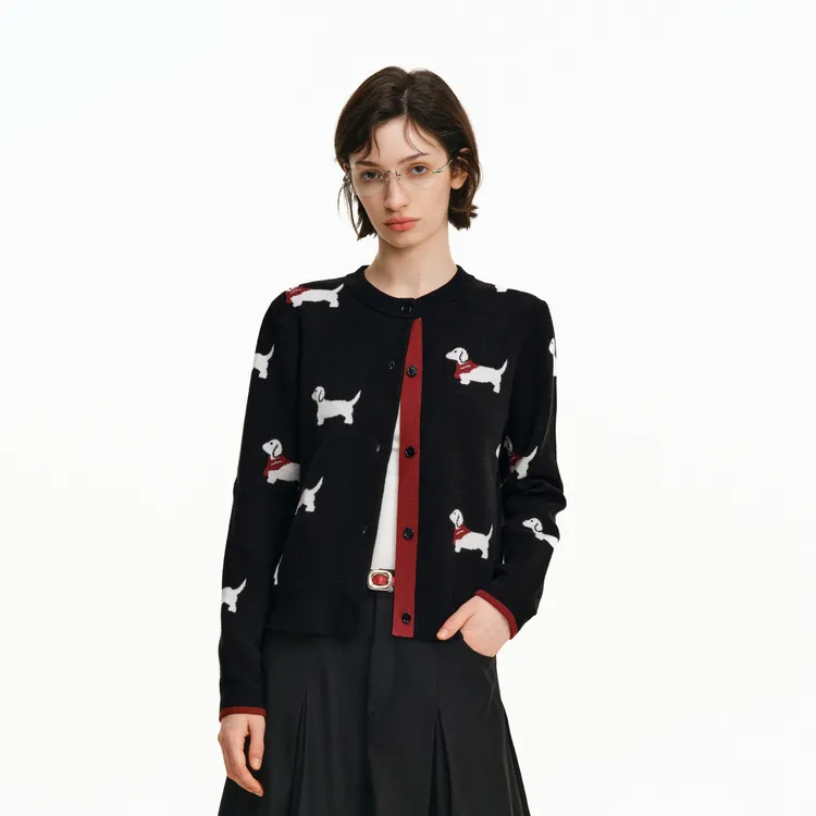 PCLP满印小狗开衫毛衣国潮牌秋季宽松美式复古情侣纽扣毛衣开衫