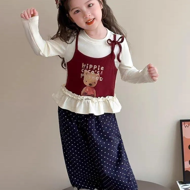 戴维贝啦新品2025春秋季新款女童韩版卡通印花洋气假两件套长袖长