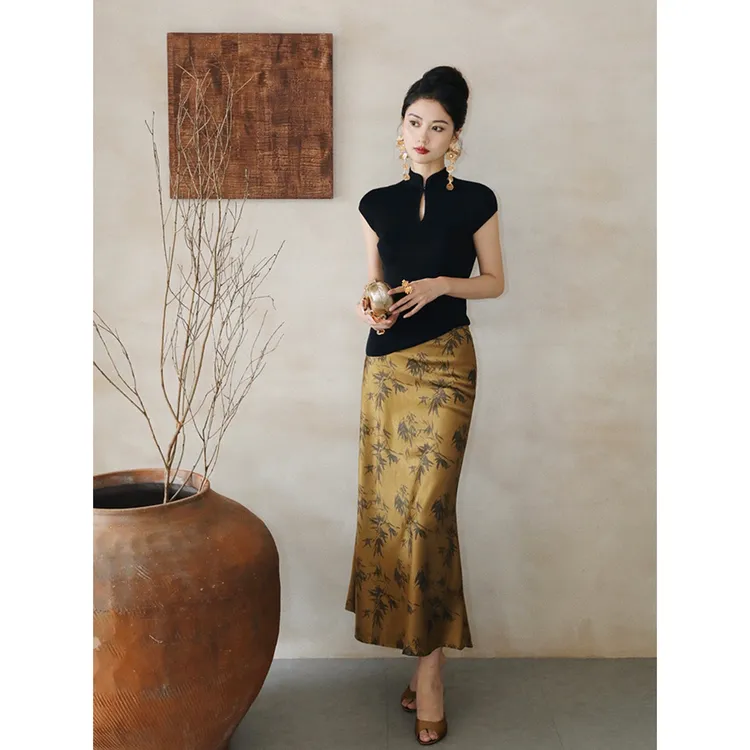 新中式国风黑色上衣半身裙高腰显瘦气质重工国风套装裙两件套