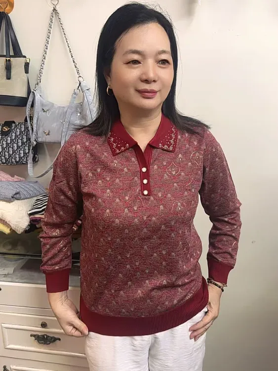 秋季新款妈妈装翻领碎花针织常规款薄款衬衣中老年女装