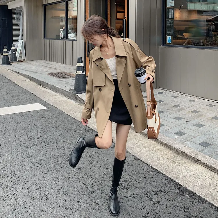 卡其色小个子短款风衣外套女2025春装新款法式宽松休闲英伦风大衣