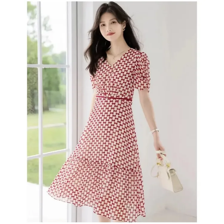 B237气质修身格子连衣裙