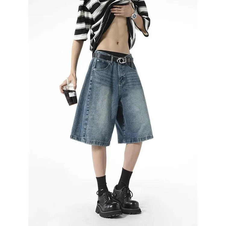 五分牛仔短裤男夏季美式复古宽松工装阔腿裤水洗直筒高级感中裤潮