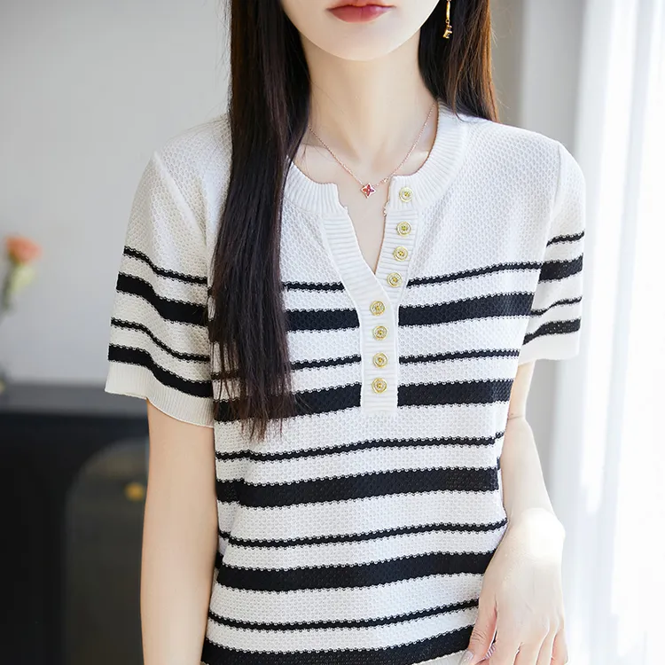 品牌v领镂空圆领显瘦针织衫镂空撞色条纹针织衫条纹时尚百搭洋气