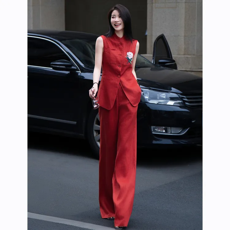 ZEROYK新中式国风亚麻套装女设计感重工订花马甲阔腿裤休闲两件套