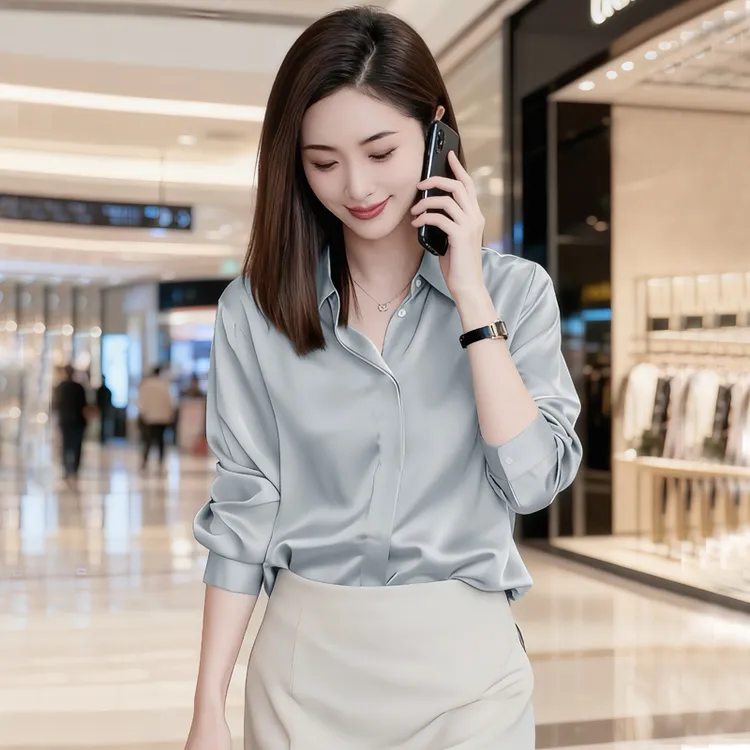 千金清冷感贵系衣服垂感缎面衬衫女款外穿长袖蓝色衬衣轻奢高级感