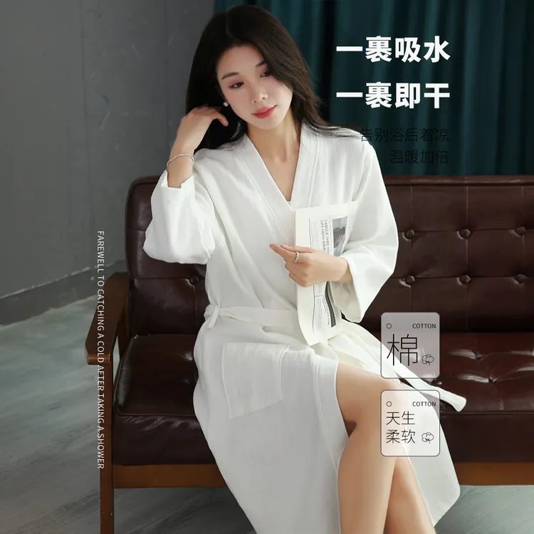 纯棉浴袍睡袍男女情侣四季通用吸水不掉毛长款双层可外穿家居睡衣