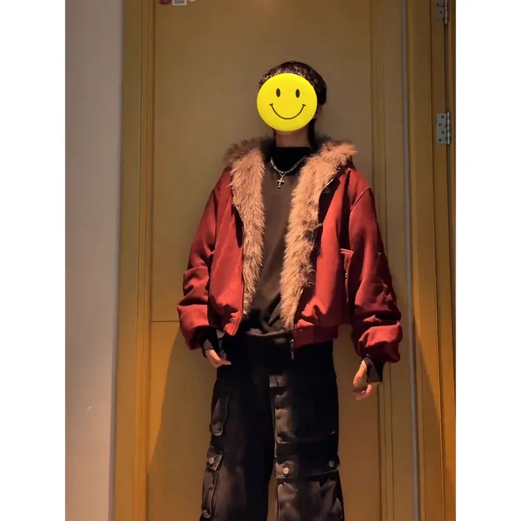 酒红色毛领座山雕棉服男女款冬季加厚短款飞行夹克高级感棉衣外套
