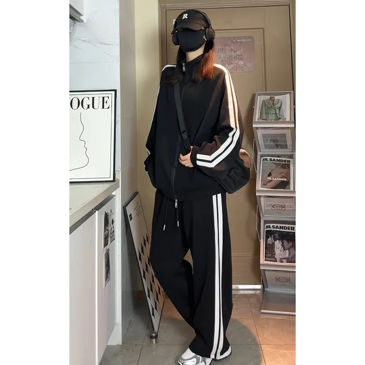 春秋条纹运动套装情侣爆款经典潮流百搭休闲裤子宽松外套两件男士